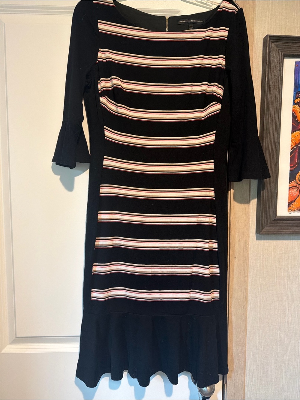 White House Black Market Black Striped Midi Dress with Pink and Cream Accents